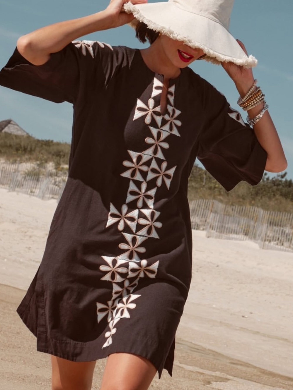 NWT FRANCES VALENTINE CHARMING CAFTAN MINI IN BLACK COTTON AND GAMBIT PRINT